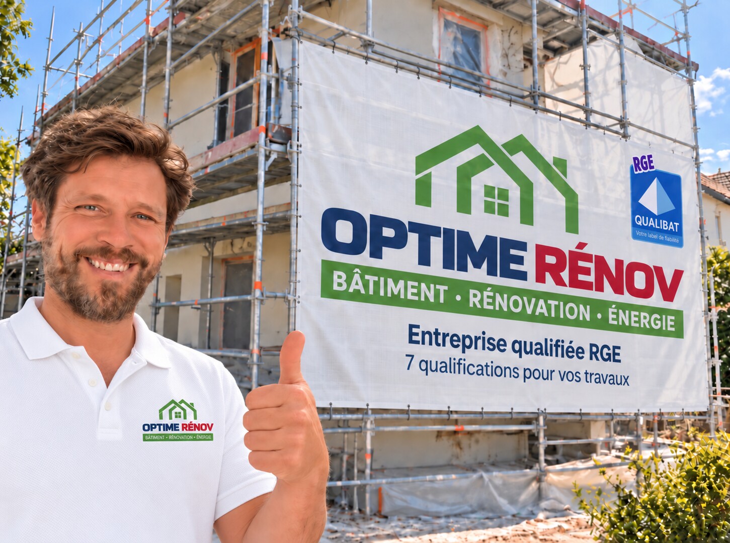 Aurélien Fluck devant un chantier et la bannière Optime Rénov