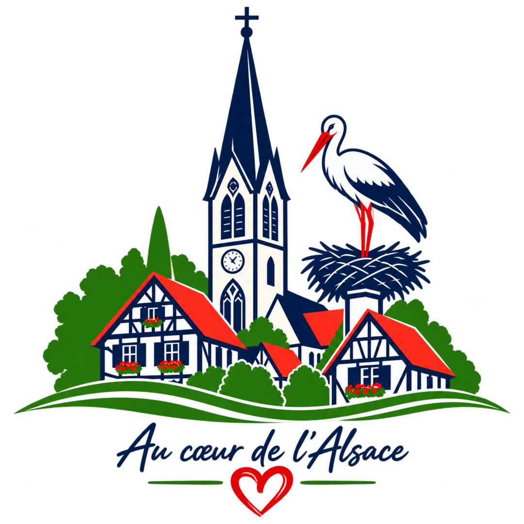 Au cœur de l’Alsace : village alsacien, clocher et cigogne