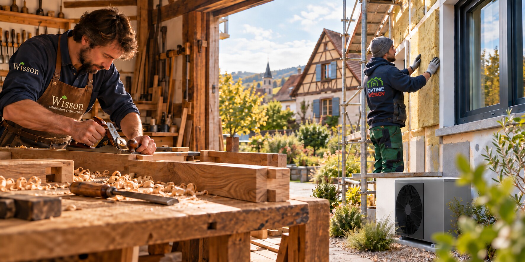 Illustration de la transition entre un atelier de menuiserie-ébénisterie et la rénovation énergétique d’une maison