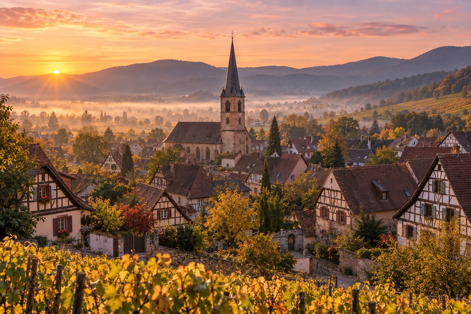 Illustration d’un village alsacien à l’aurore, maisons à colombages et clocher dans une lumière dorée
